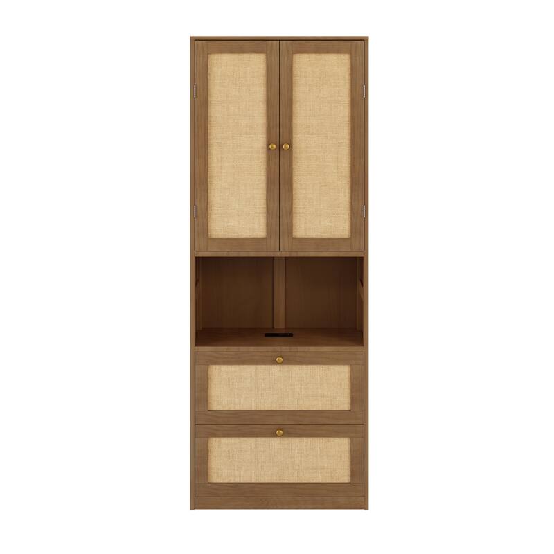 2 Doors Bookshelf with USB Port and 3 Drawers Side Cabinet Storage Shelves