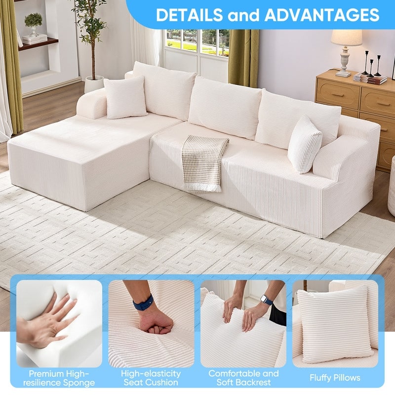 Mixoy 2-Pcs Free Combination Modular Sectional Sofas with Deep Seat,Corduroy L-Shaped Sofa with Chaise Lounge - 3-Seater