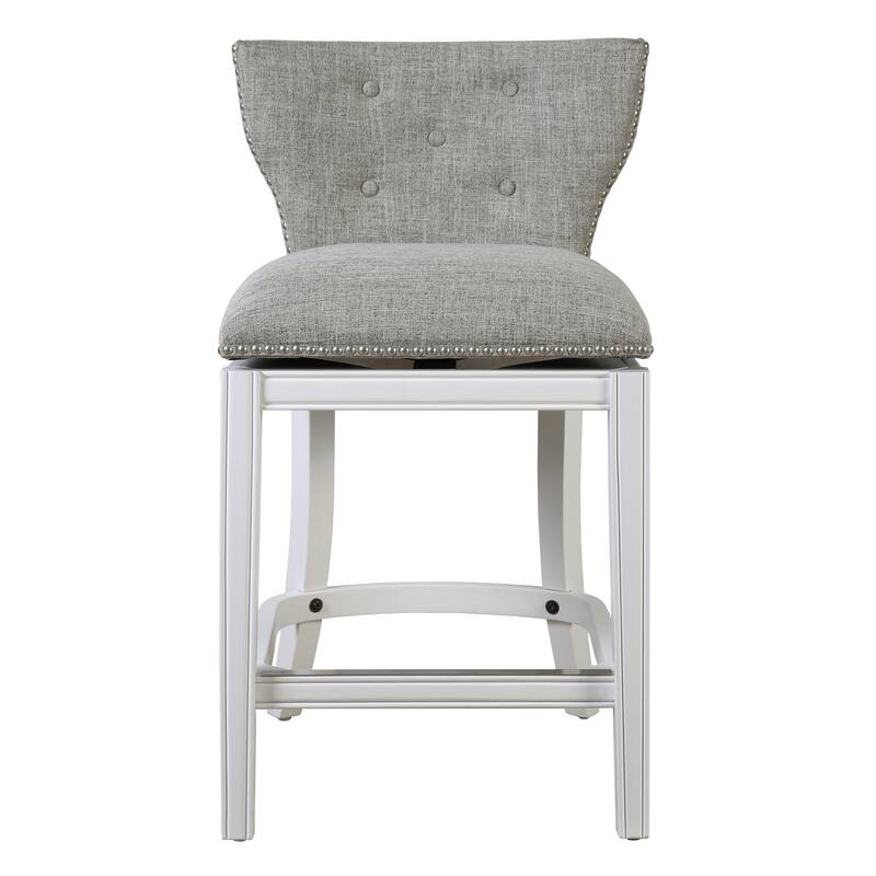 Stella 180-Degree Wood Swivel Bar Stool - White with Gray Upholstered Seat and Back - Counter Height