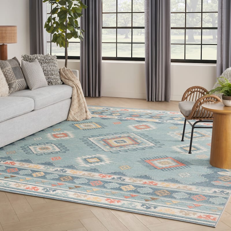 Nourison Washable Beauty Machine Washable Indoor only Blue Geometric Area Rug
