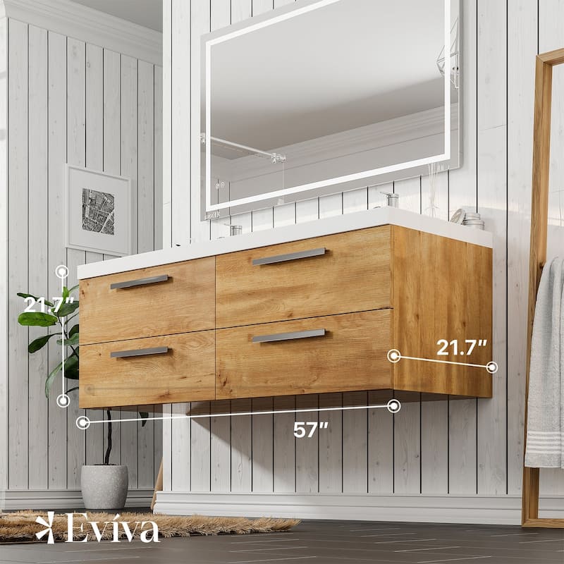 Surf 57"W Natural Oak DS Bath Vanity with Acrylic Top & Integrated Sinks