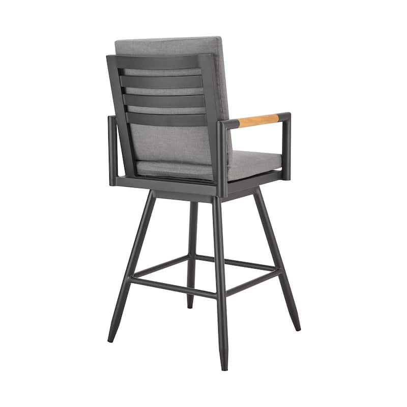 Razi 30 Inch Outdoor Swivel Barstool Chair, Black Aluminum, Gray Cushions