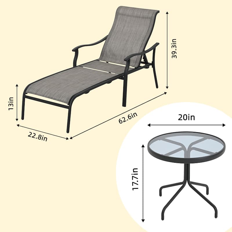 3-piece Outdoor Patio Chaise Lounge Chair with End table