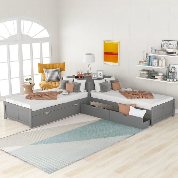 slide 2 of 11, Twin Size Table L-shaped Bed with Trundle and Storage Drawers Linked, Pine Wooden Platform Bed with Built-in Desk, Gray Grey