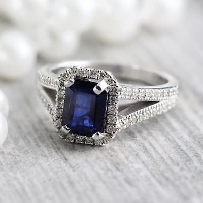 Auriya 18k Gold 2ct Vintage Emerald-cut Sapphire Halo Diamond Engagement Ring 1/2ctw