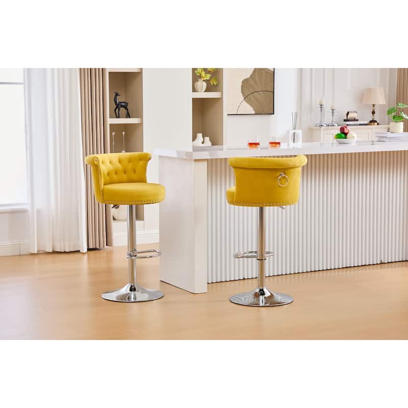 Velvet Upholstered Bar Stool Set of 2, Adjusatble Height Swivel Bar Stools, Dining Chairs with Curved Backrest & Footrest
