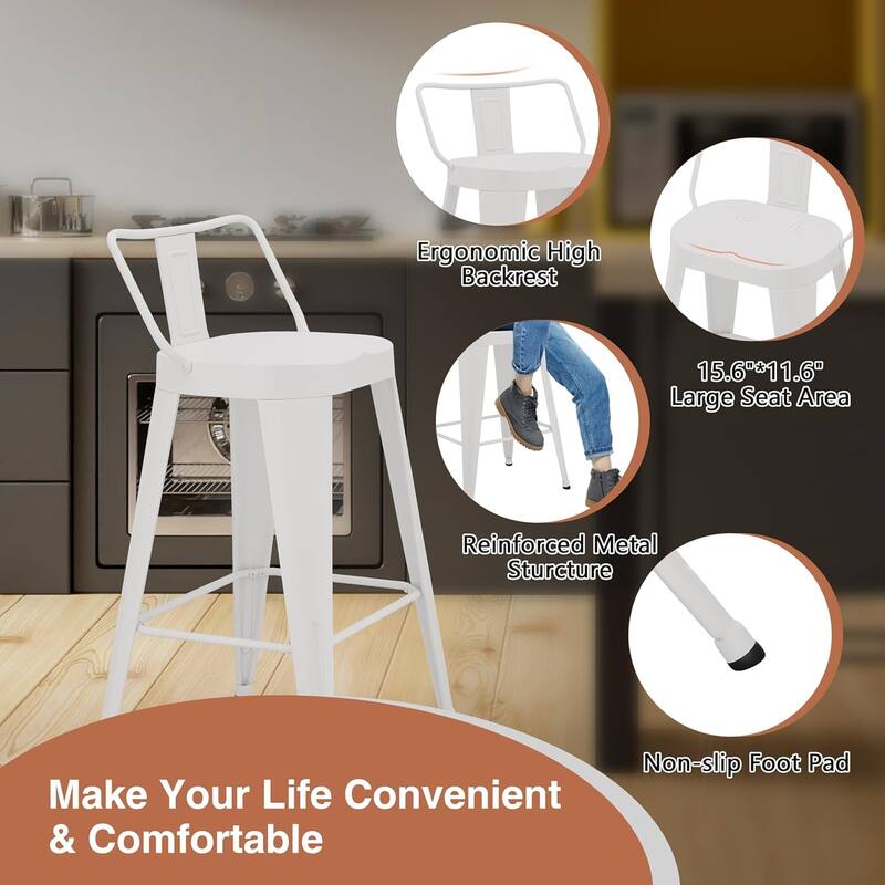 Industrial Metal Counter&Bar Stools Set of 4, 26" and 30" Seat Height Barstools with Large Seat and Low Back for Kitchen Island