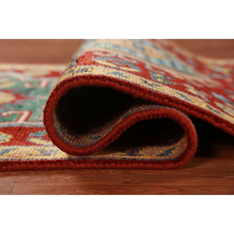 Red Geometric Khotan Indian Runner Rug Hand-Knotted Wool Carpet - 2'7"x 7'8"
