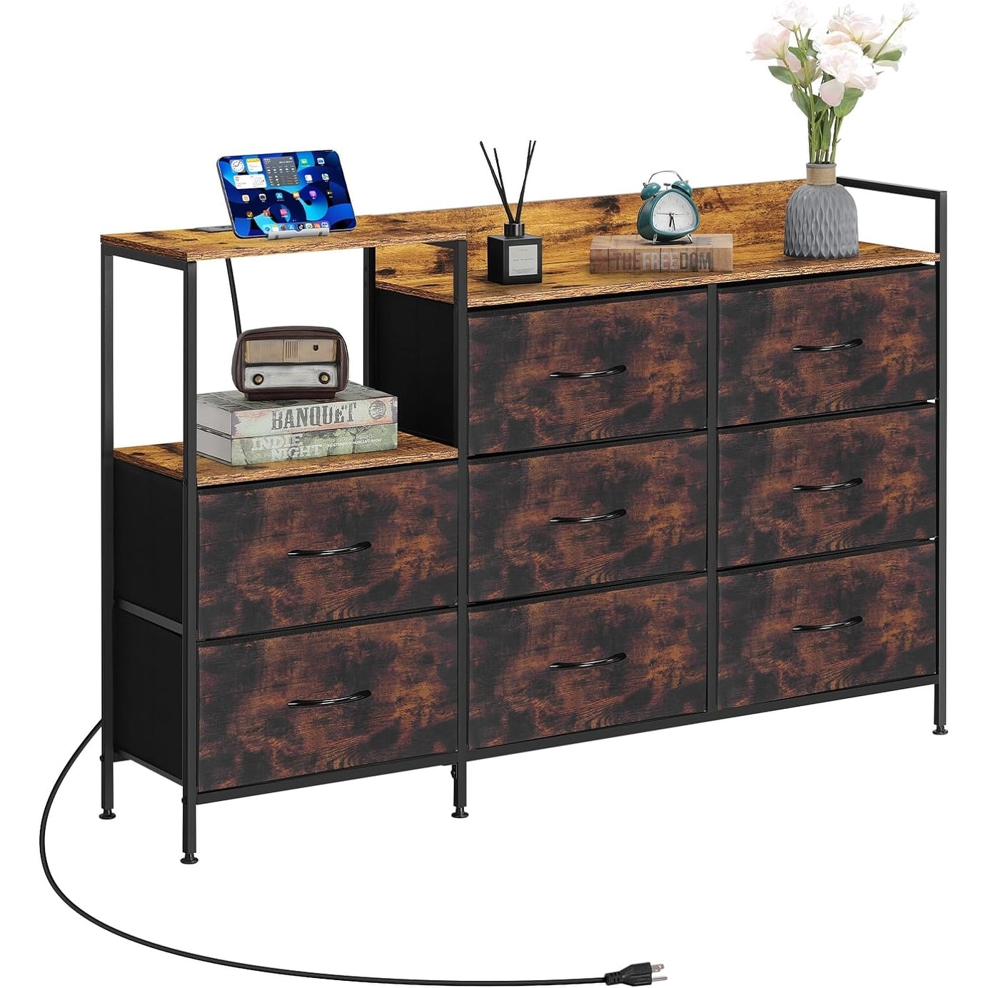 52'' Long TV Stand with 8 Storage Drawers and Open Shelves