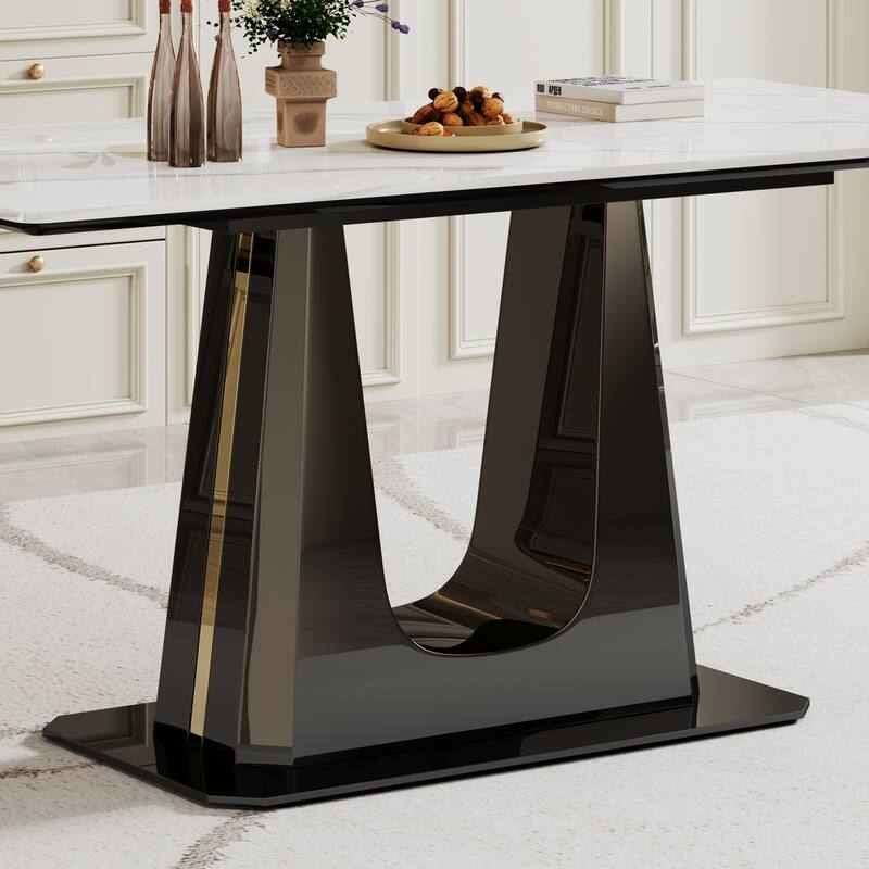 0.47" Thick Sintered Stone Composite Tempered Glass Top Dining Table with Stainless Steel Base