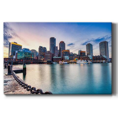 Boston Skyline with Financial District and Boston Harbor at Sunset Premium Gallery Wrapped Canvas - Ready to Hang