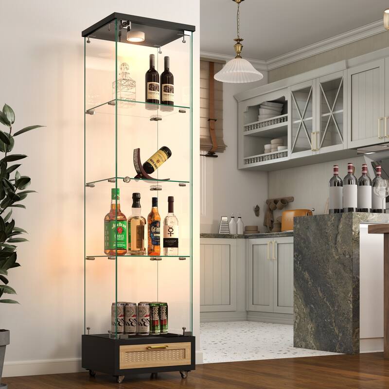 Glass Display Cabinet With Drawer,Cabinet With Led Lights,Tempered Glass Bookshelf, 1-Door Storage Case With 4 Shelves