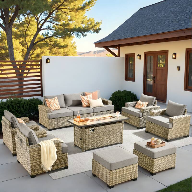 HOOOWOOO 10-piece Outdoor Wicker Wide Arm Patio Furniture Set with Fire Pit - Dark Grey