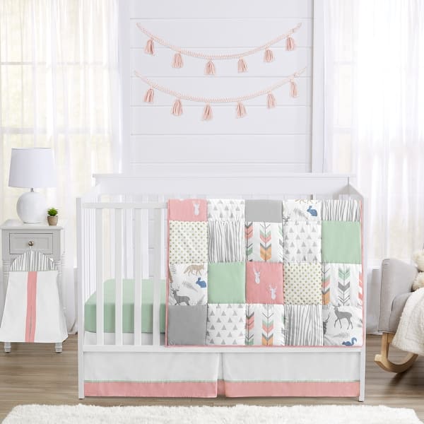 slide 2 of 6, Sweet Jojo Designs Coral and Mint Woodsy Collection 4-piece Bumperless Crib Bedding Set