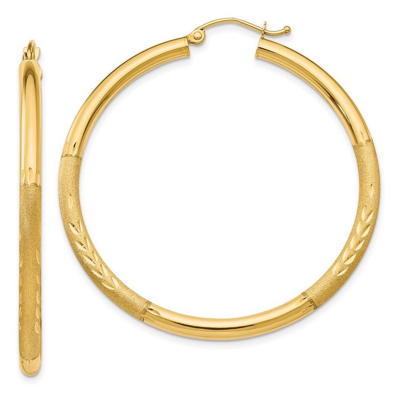 Curata 14k Yellow Gold Hollow Polished Hinged Post Satin and Sparkle Cut Round Hoop Earrings - 45mm