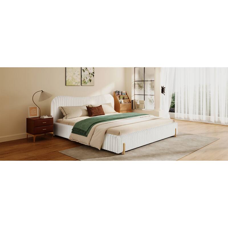 Roomfitters White Boucle Upholstered Bed, Wavy Headboard with Vertical Stitching