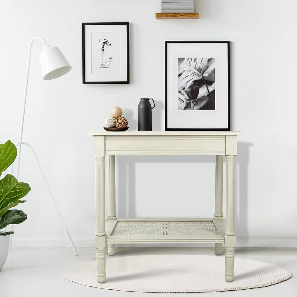 Copper Grove Reine Cream Side Table with Rattan Shelf