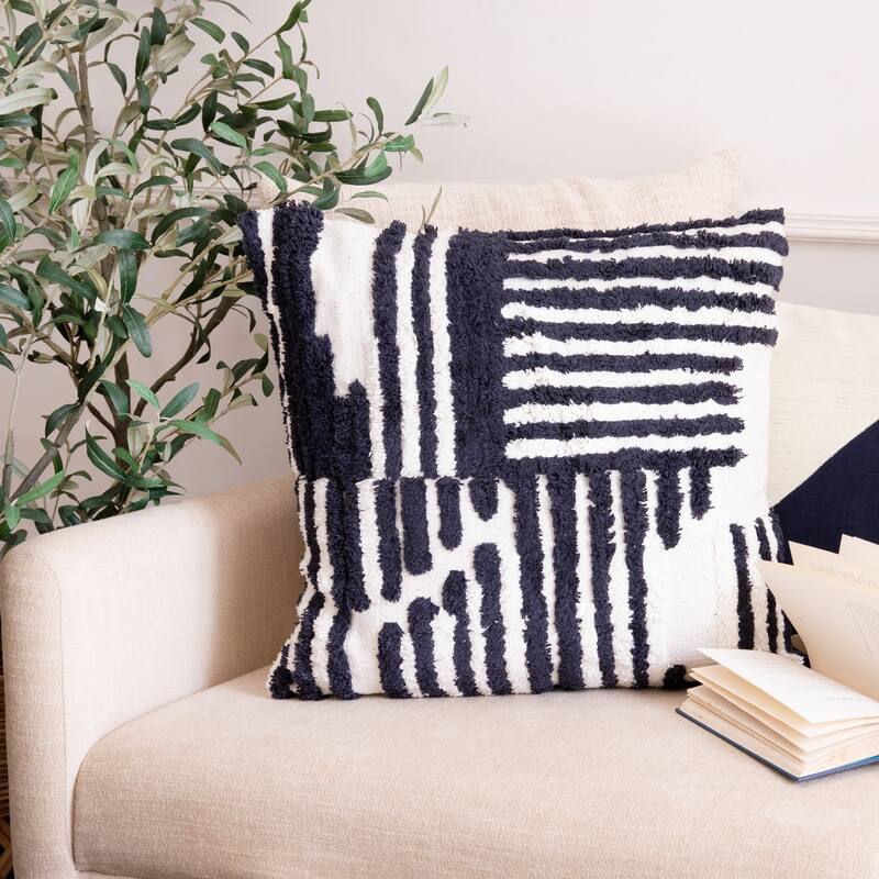 Handwoven Abstract Striped Shag Throw Pillow Cover - 22" - White and Navy Blue
