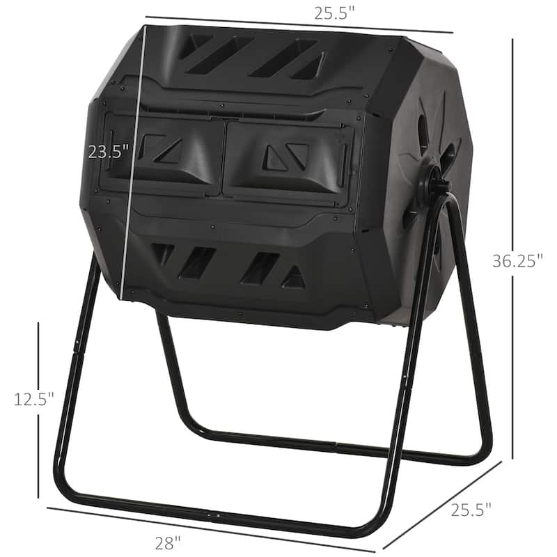 Outsunny Tumbling Compost Bin Outdoor Dual Chamber 360-deg Rotating Composter 43 Gallon w/ Sliding Doors & Solid Steel Frame