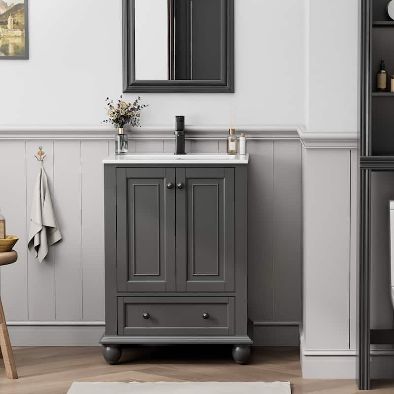 Retro Bathroom Vanity Cabinet Solid Wood Classic with Ceramic Sink - 24 in - Grey
