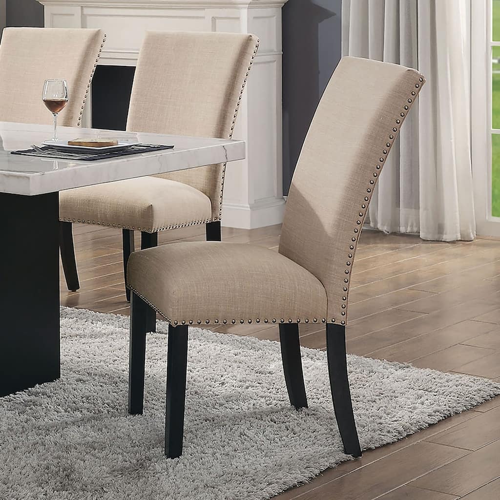 Beige Linen Like Fabric Contemporary 2pc Dining Side Chairs Nalihead Trim Black Solid wood Legs Dining Room Chairs