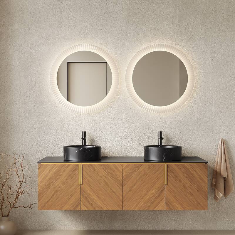 Wall-Mounted Bathroom Vanity with Round Ceramic Sink - 59.84'' x 19.69'' x 20.91'' - Brown Oak and Black