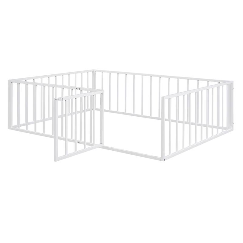 Metal Floor Bed Frame with Fence and Door for Kids' Bedroom
