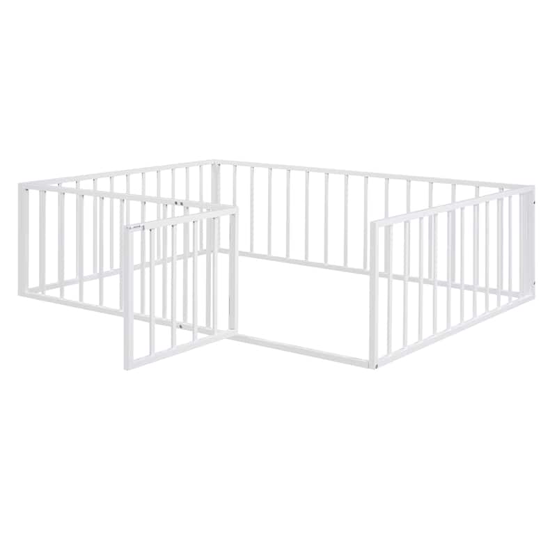 White Full Size Metal Floor Bed Frame with Fence and Door for Kids