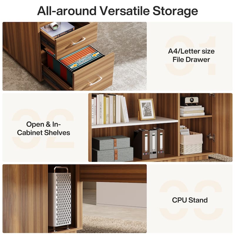 Wood L-Shaped Executive Desk with File Drawers for Home Office