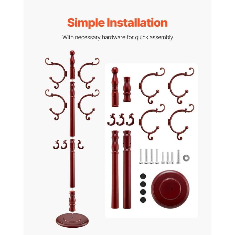 Wooden Coat Rack Stand with 11 Hooks and Anti-Tip Design Perfect for Entryway or Bedroom - 16.5” x 16.5” x 69.29”