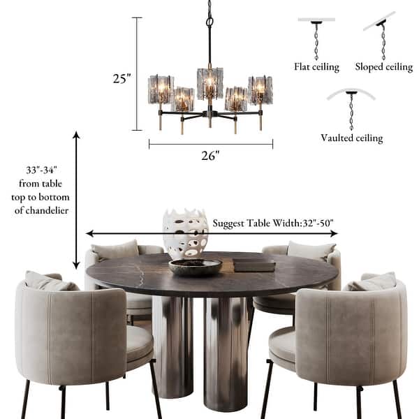 dimension image slide 0 of 2, Kasy Modern 5-Light Wheel Chandelier Textured Glass Lights for Dining Room - D 26" x H 86" Max