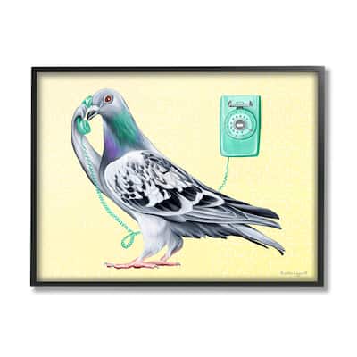 Stupell Pastel Pigeon Vintage Phone Call Yellow Background Framed Wall Art, Design by Amelie Legault