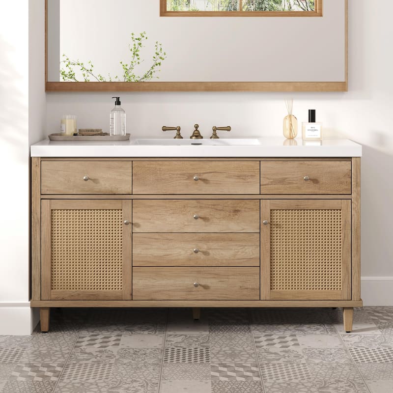 60" Bathroom Vanity with SMC Sink - Modern Large Storage Cabinet with Soft Close Drawers and Rattan Doors - Antique Natural