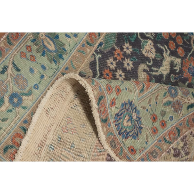 Hand Knotted Oriental 100% Wool Carpet Traditional Floral Navy Blue & Blues Tabriz Area Rug - 6' 1'' X 4' 6''