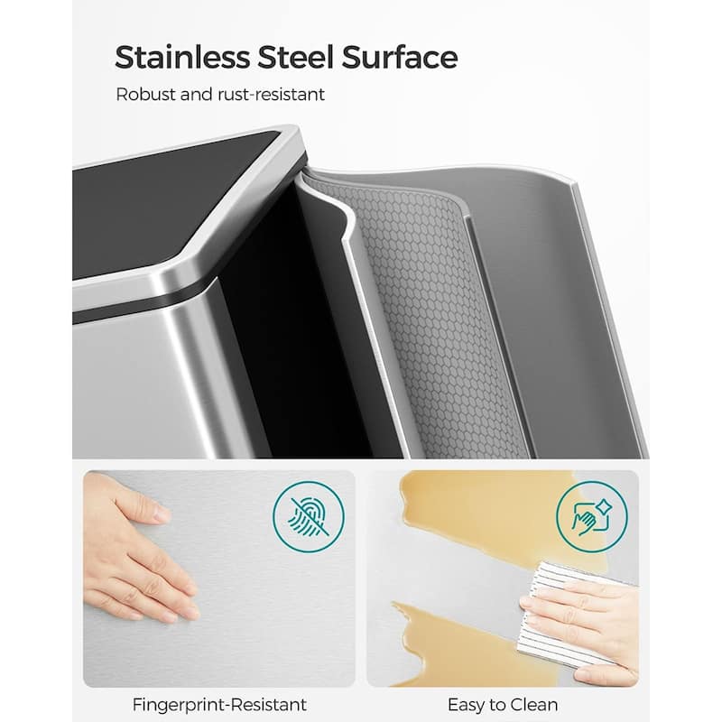 Stainless Steel Dual Compartment Trash Can with Soft-Close Lid Foot Pedal and Removable Inner Buckets