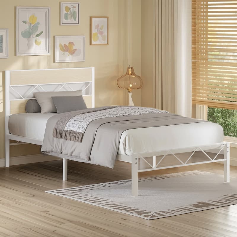 Metal Bed Frame with Brown Wooden Headboard, No Box Spring Needed - Oak - Twin