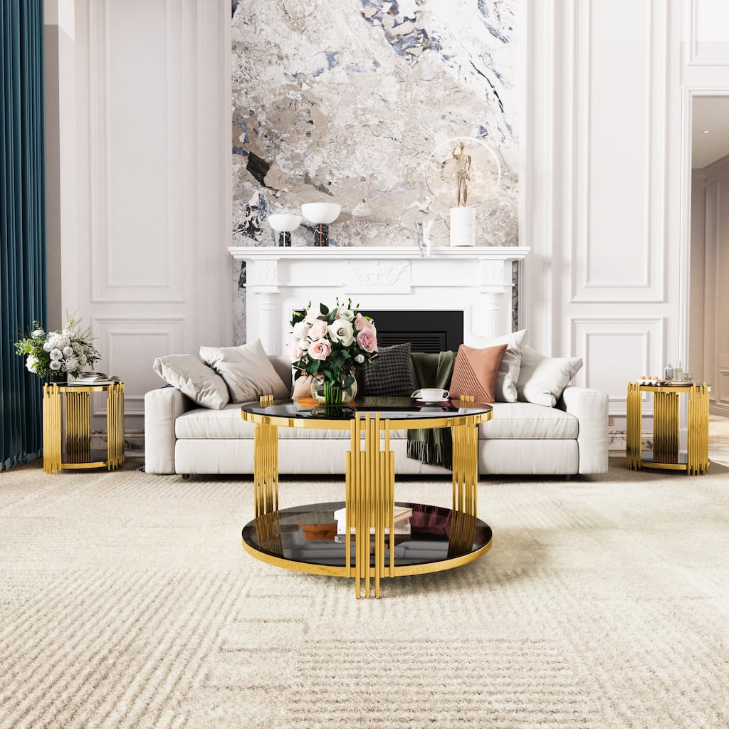 Living Room Table Set of 3, with 1 Coffee Table and 2 End Tables, Round, Tempered Glass, Asymmetrical Metal