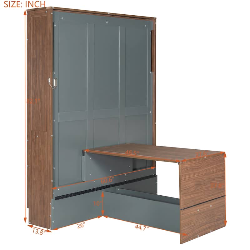 Full Size Murphy Bed Hidden Wall Cabinet Bed with Foldable Desk, Wooden Foldable Vertical Cabinet Bed Frame