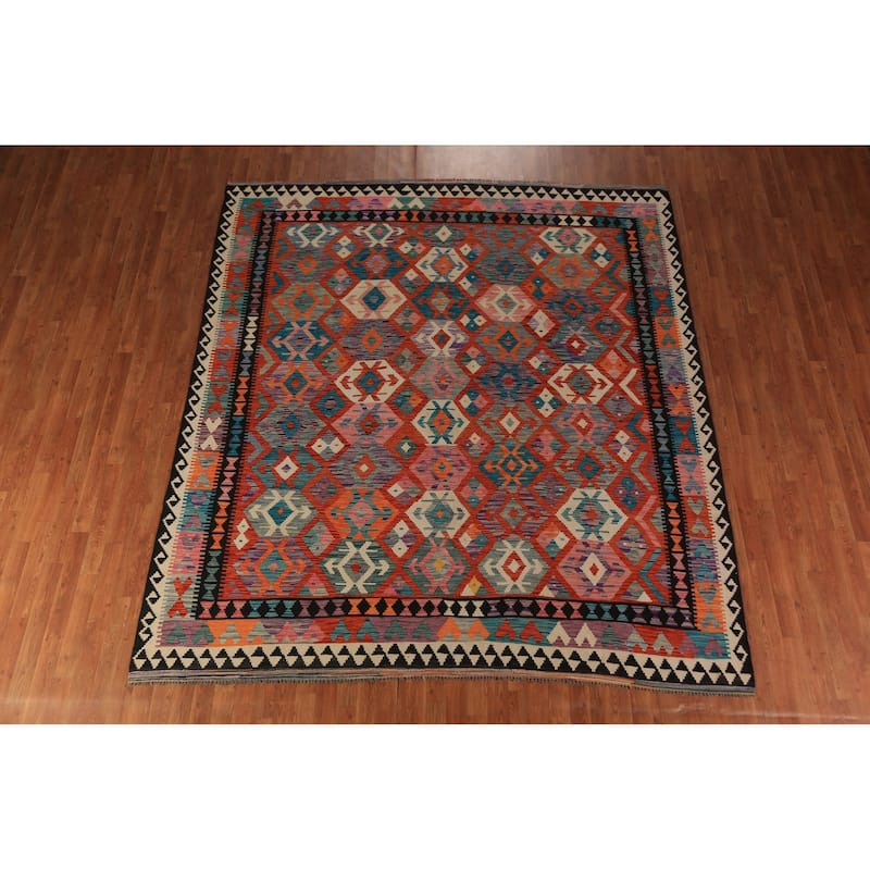 Orange Nomadic Kilim Oriental Area Rug Flatweave Wool Carpet - 8'7"x 9'6"