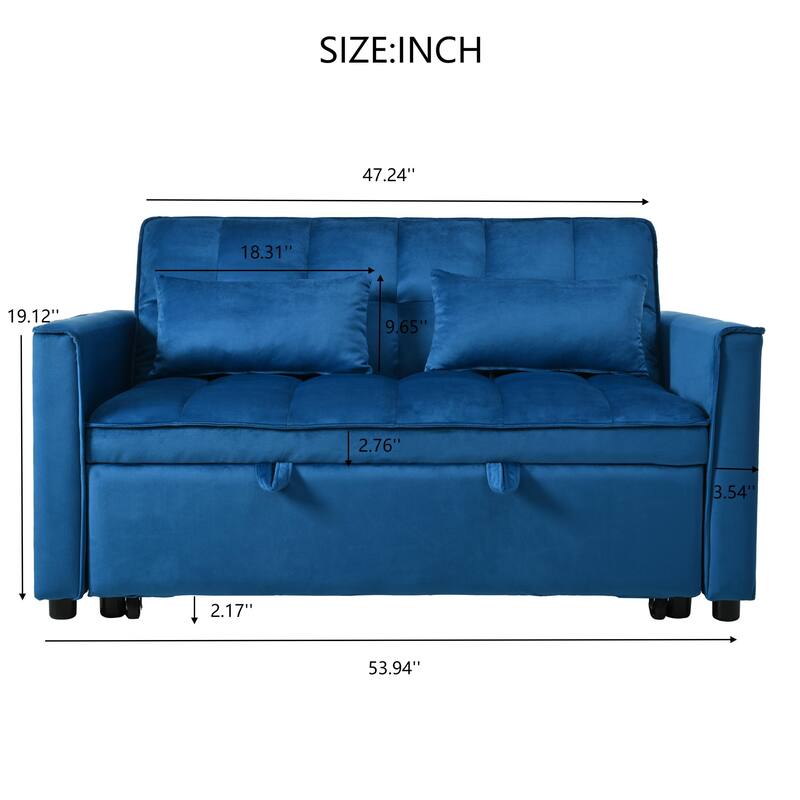 Futon 3 in 1 Convertible Sleeper Sofa Bed, Velvet Loveseat with Adjustable Back, Lounge Sofa with Pockets and Toss Pillows