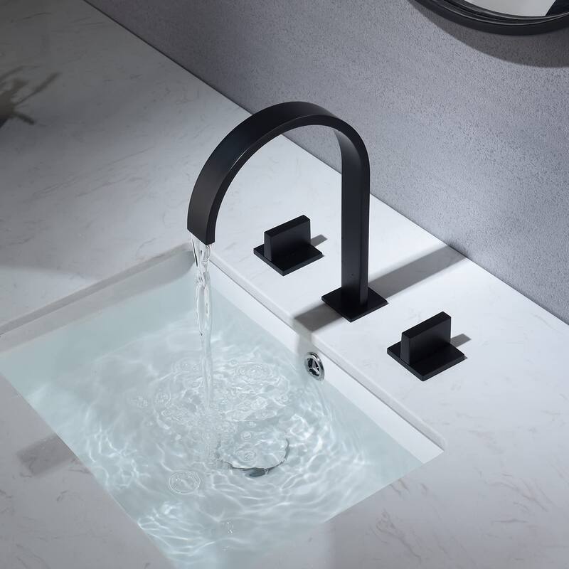 Matte Black Two handles 3 holes Waterfall bathroom Sink Faucet with brass pop up overflow Drain