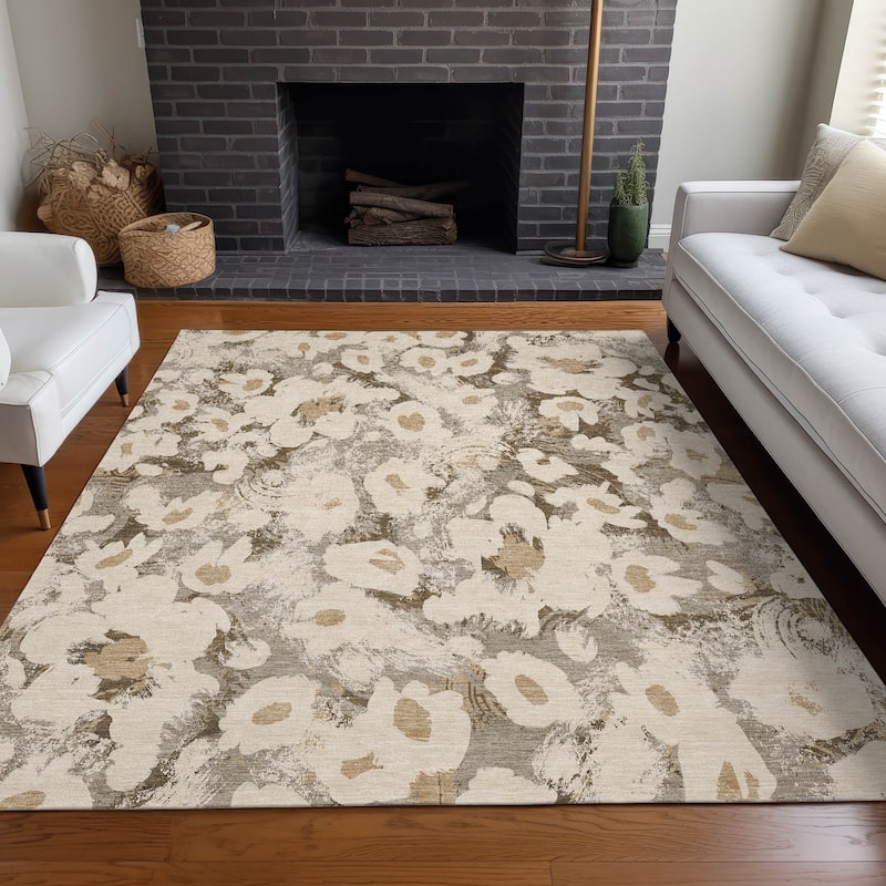 Machine Washable Indoor/ Outdoor Modern Daisy Chantille Rug - Khaki - 10' x 14'