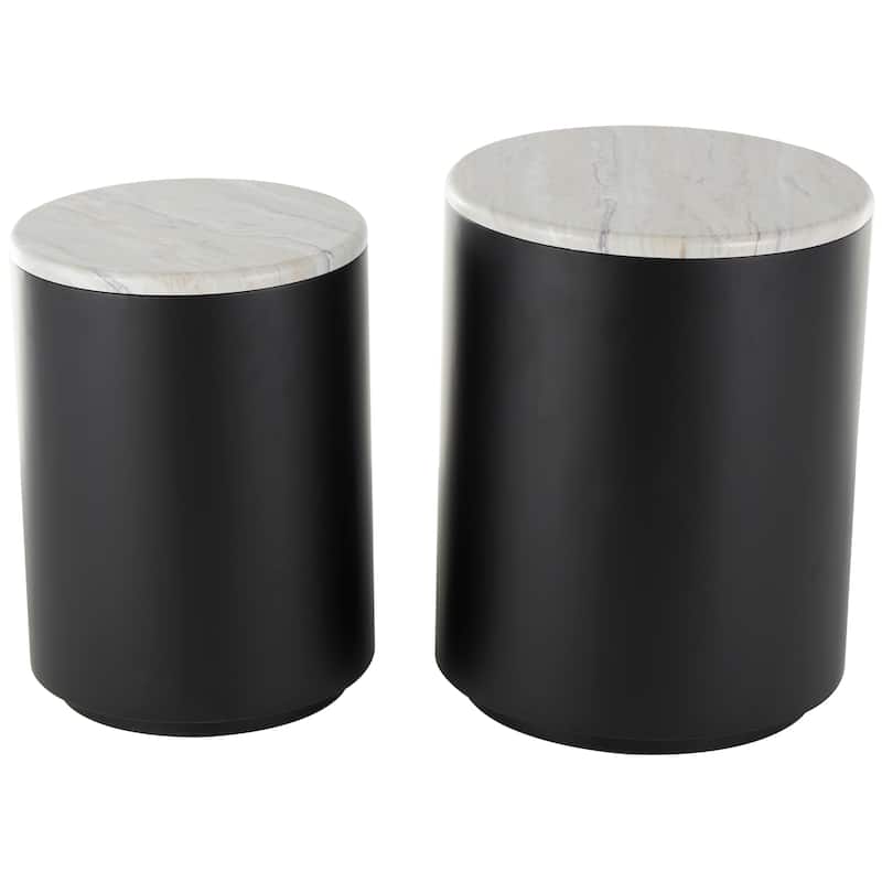 Black Metal Pedestal Coffee Table with Faux White Marble Top