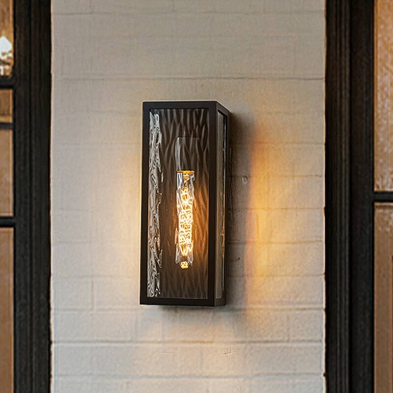 H13" 1-Light Modern Black Outdoor Wall Sconce with Water Ripple Glass and Dusk to Dawn Sensor Open Bottom for Garage(2 Pack)