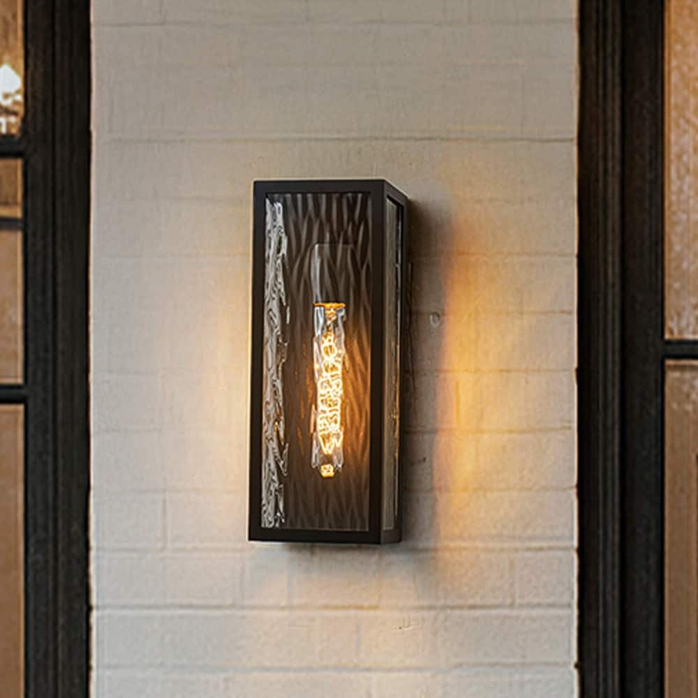 H13" 1-Light Modern Black Outdoor Wall Sconce with Water Ripple Glass and Dusk to Dawn Sensor Open Bottom for Garage(2 Pack)