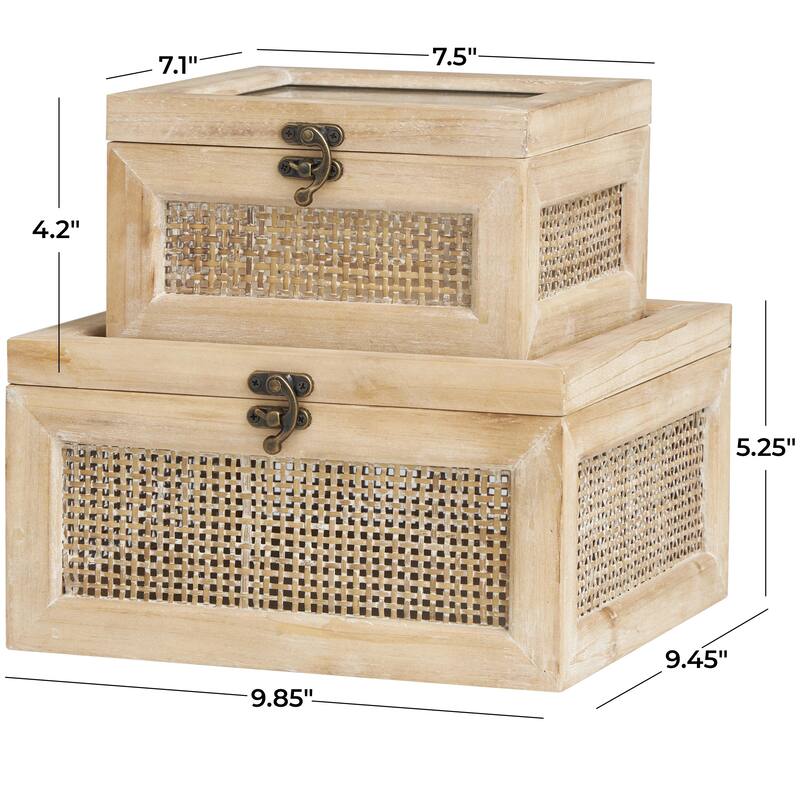 Wood Glass Top Box with Rattan Side Panels and Bronze Hook Closures - Set of 2 Light Brown - Roche River Decor