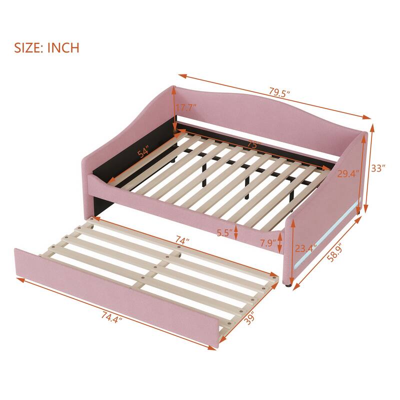 Pink Full Size Upholstered Daybed with Trundle and Light Stripes Design