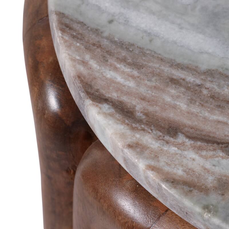 Marble Round Top Inlay Wood End Table - Ivory, 18 in. - 14" x 14" x 18"