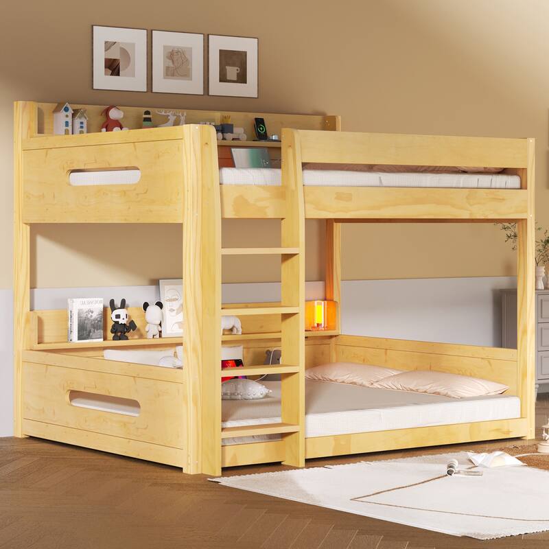 Roomfitters Queen Over Queen Bunk Bed with Storage Shelves and USB Ports