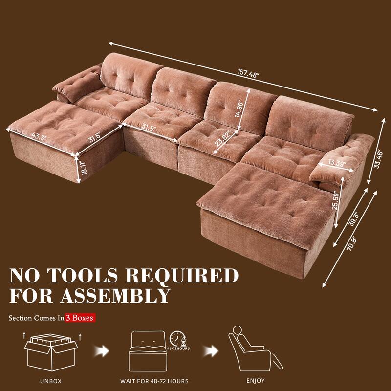 Rossetta 4-Seater Chenille Upholstery Modular Convertible Design Generous Seating Cushioned Sofa with 2 Versatile Ottomans